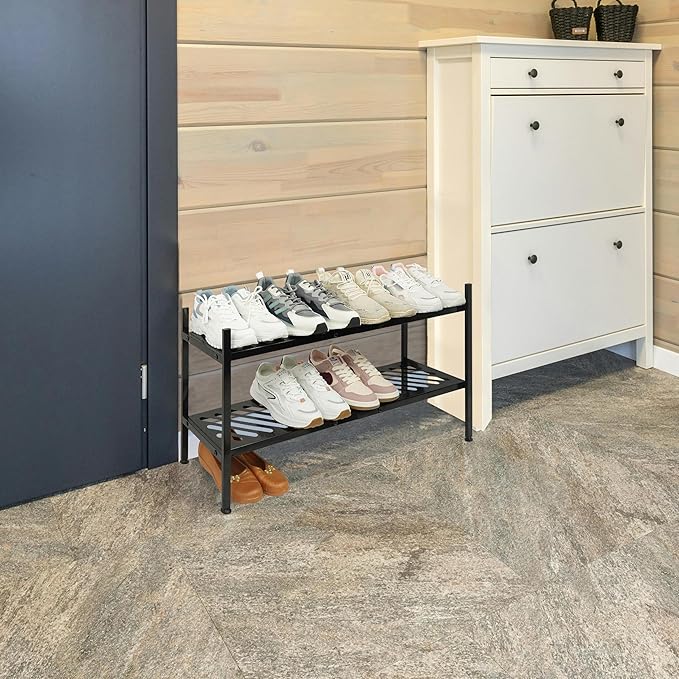 Shoe Rack - Metal Shoe Organizer 2 Tier Shoes Shelf Storage, 35 Inches Stackable Long Show Stand Holder for Closet, Entryway, Garage, Floor, Door Entrance, Black