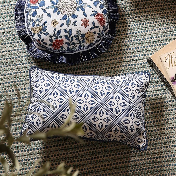 patdrea Designer Throw Pillow Covers Set of 2,Chinoiserie Blue Elegant Linen with Striped Floral Pattern Pillow Cover,Decorative Lumbar Pillowcases Cushion for Bed Living Room Outdoor Car,12"x20"