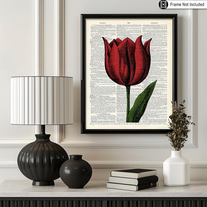 Poster Master Dictionary Art Poster - Tulip Print - Red Flower Art - Floral Art - Gift for Men, Women & Florist - Minimal Decor for Living Room, Bedroom, Dorm or Flower Shop - 8x10 UNFRAMED Wall Art