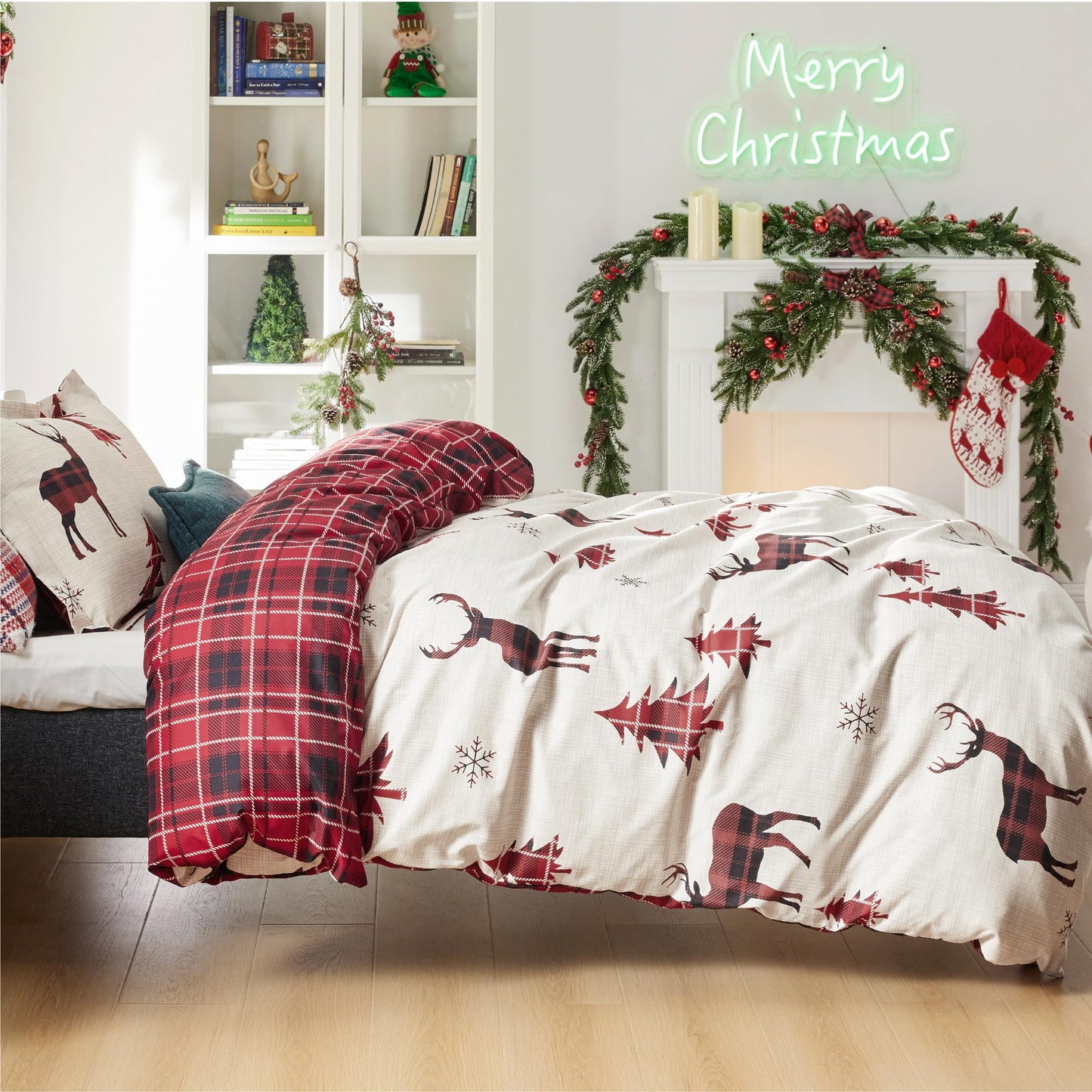 Bedsure Twin Size Christmas Duvet Cover Set - Festive Kids Bedding Set with a Reversible Buffalo Check Christmas Plaid Design, Includes 1 Duvet Cover and 1 Pillow Sham (Twin, Reindeer)