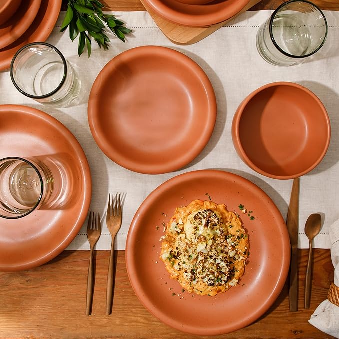 Bloomhouse Corsica Clay 12 Piece Stoneware Rustic Reactive Glaze Dinnerware Set - Stackable Plates and Bowls Set. Service for 4 - Matte Burnt Apricot Terracotta