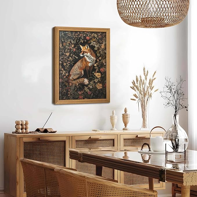 AKWISH Framed 3D Textured Vintage Wall Art - Dark Academia Decor Hand Drawn Sandstone Fox Paintings with Botanical Florals, Aesthetic Wall Decor for Living Room Bedroom Home 12x16 inch