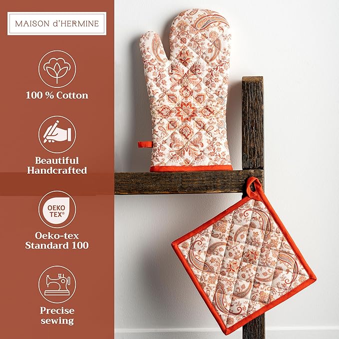 Maison d' Hermine 100% Cotton Oven Mitt & Pot Holder Set (7.5"x13" & 8"x8") Heat Resistant BBQ Cooking Gloves with Loop for Thanksgiving Christmas Decorations Handling Hot Pans (Cachemire)