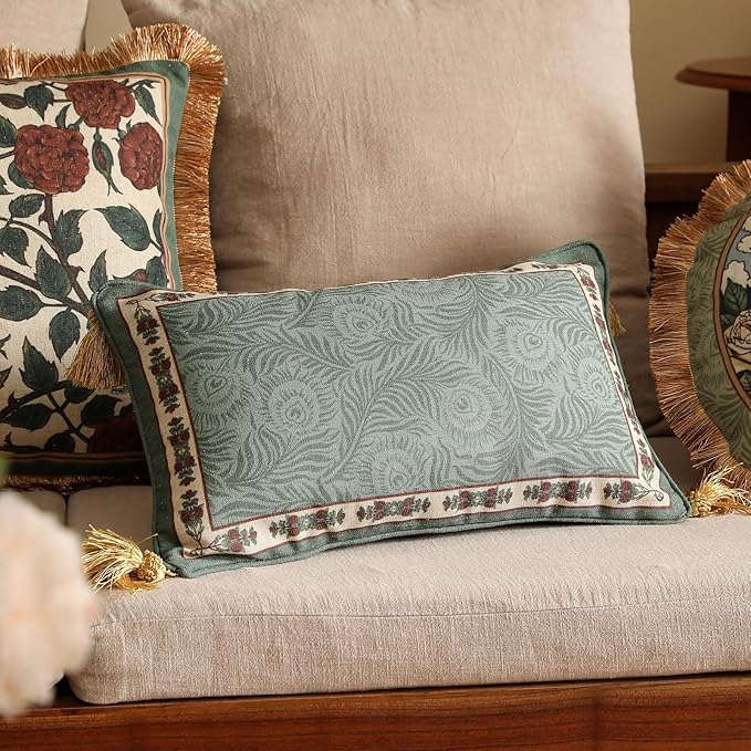 patdrea Designer Throw Pillow Covers Set of 2,French Elegant Green Linen with Curly Grass and Floral Pattern Pillow Covers,Decorative Lumbar Pillowcases Cushion for Bed Living Room Outdoor,12"x20"