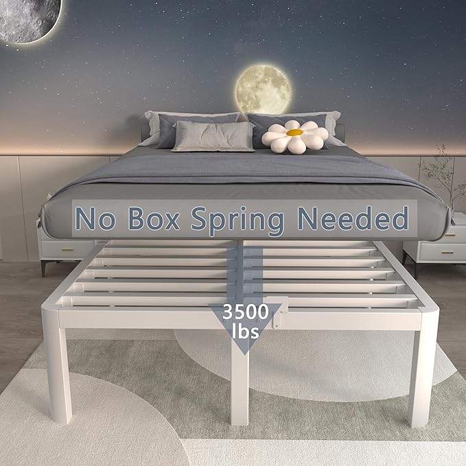ITIMIDI 16 Inch White Bed Frame King Size with Round Corner Legs, Metal Platform Bed Frame King, Storage Space, No Box Spring Needed, Heavy Duty Steel Support 3500 LBS, Noiseless, Easy Assembly