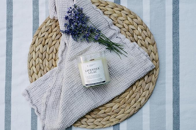 PERIPETI Home Lavender + Lilac Scented Candle - Wooden Wick, 8.5oz Natural Soy Wax for Soothing Aromatherapy - Long-Lasting Relaxing Fragrance for Home or Spa