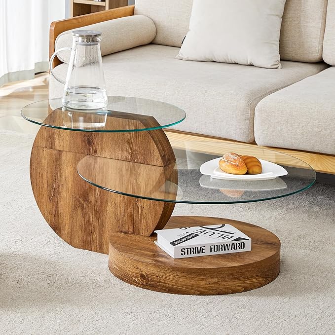 Glass Coffee Table, Modern Round Glass Coffee Table with Wooden Base, 3 Tier Round Coffee Table, Clear Cocktail Table with Storage for Living Room, Office, Balcony, Wood