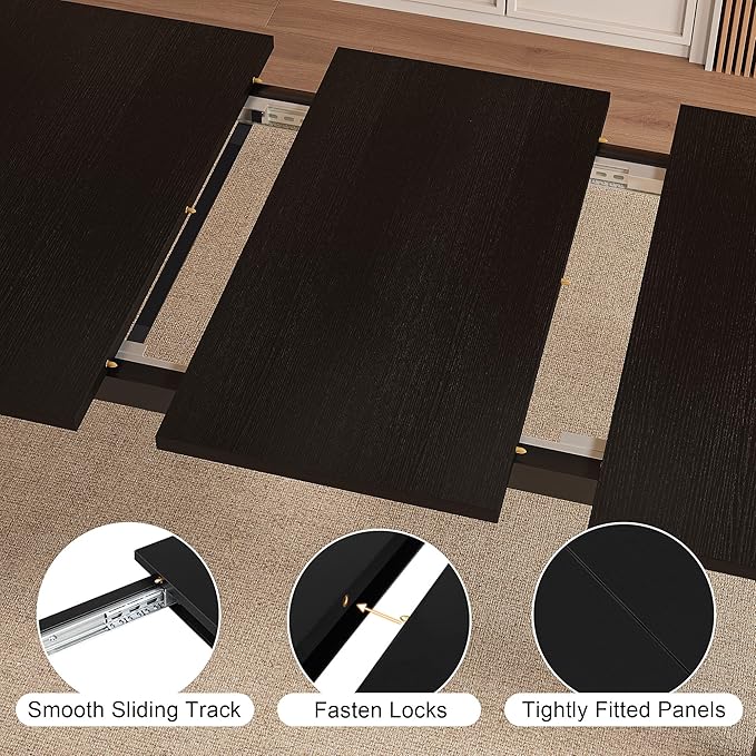 Extendable Dining Table for 4-6, 63" Modern Kitchen Table, Farmhouse Dining Room Tables for Dining, Kitchen, Office, Living Room, Rectangular Wooden Tables, Space Saving (Black)