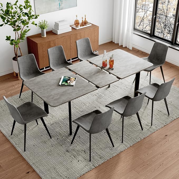 63"- 78.7" Extendable Dining Table Set for 8, Modern Kitchen Table with Dining Chairs for 6-8 Person, Thickened Expandable MDF Wooden Table with Metal Legs for Dining Room, Kitchen