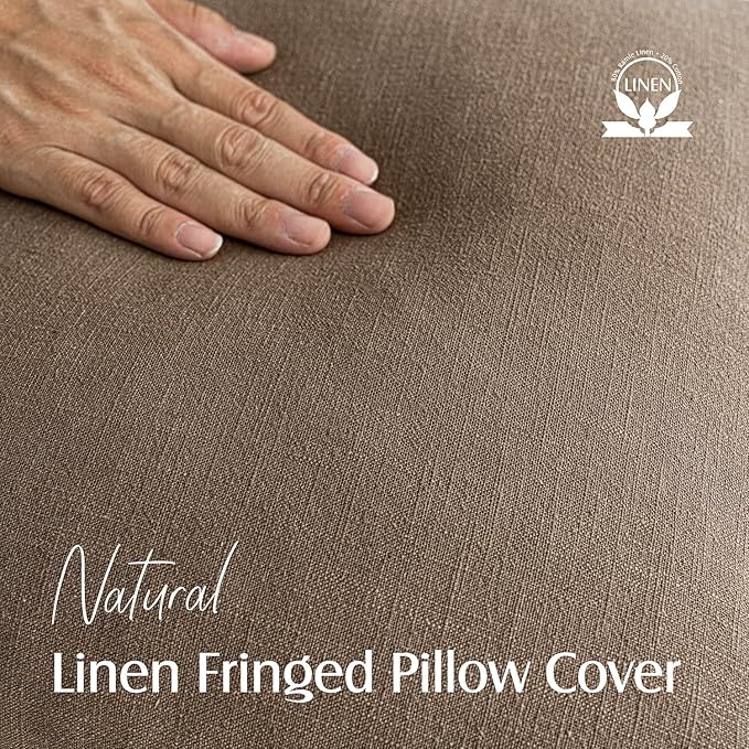 Foindtower Set of 2 Decorative Linen Fringe Throw Pillow Covers Cozy Boho Farmhouse Cushion Cover with Tassels Soft Accent Pillowcase for Couch Sofa Bed Living Room Home Decor,18×18 Inch,Light Brown