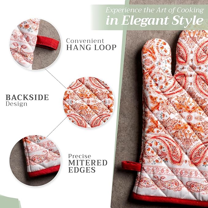 Maison d' Hermine 100% Cotton Oven Mitt & Pot Holder Set (7.5"x13" & 8"x8") Heat Resistant BBQ Cooking Gloves with Loop for Thanksgiving Christmas Decorations Handling Hot Pans (Orient)