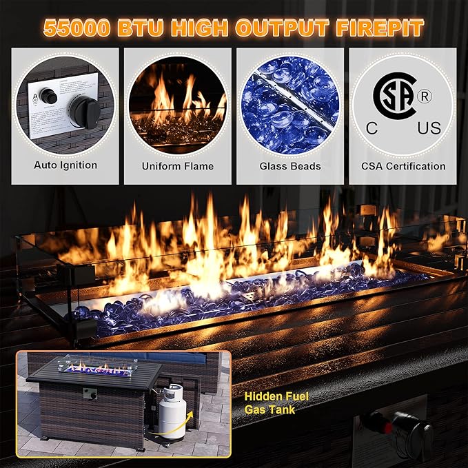 Kurapika 15 Pieces Patio Furniture Set, Rattan Wicker Outdoor Conversation Sets w/43in Propane Fire Pit Table and 4 Inch Cushion(Navy Blue)