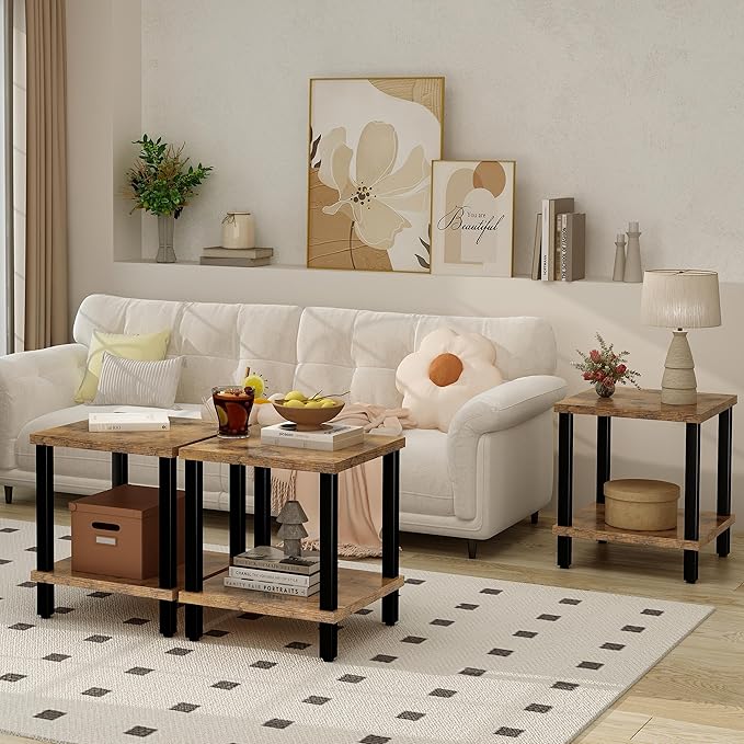 Large End Table Square Side Table Modern Sofa Table 20 Inch Industrial Coffee Table NightStand with 2-Tier Storage Shelf for Living Room Bedroom Rustic Brown MLBZ06R