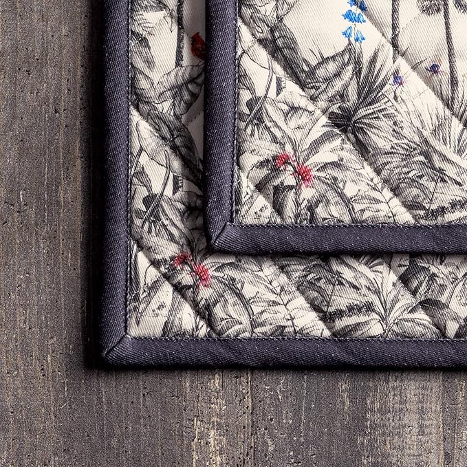 Maison d' Hermine Pot Holders Set 100% Cotton Heat Resistant Potholders 8" x 8" Hot Pads with Loop for Thanksgiving Christmas Decorations BBQ Cooking Baking Handling Hot Pans (Pack of 2, Amazonia)