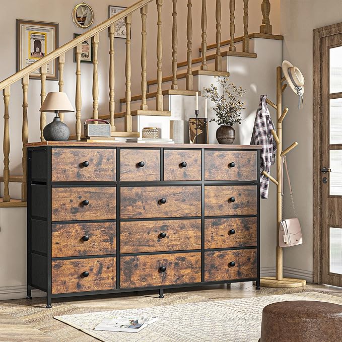 Tv Stand for Bedroom with 13 Fabric Dresser,Entertainment Center for 40,50,55 inch Tv,Dressers & Chests of Drawers for Living Room, Hallway, Entryway, Metal Frame, Rustic Brown