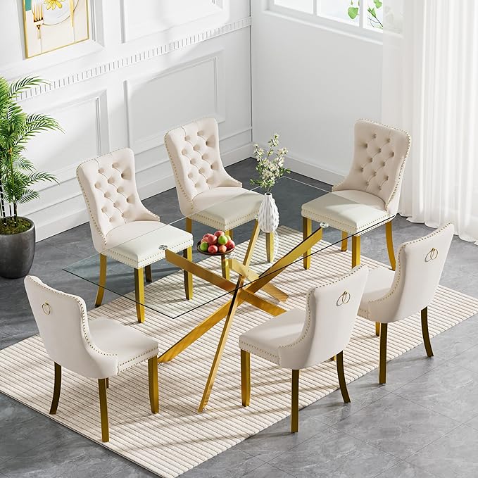 60.6'' Tempered Glass Dining Table for 4-6 People, Rectangle Kitchen Table with Gold X-Base Metal Legs, Adjustable Feet, Glass Top Desk for Home Office Gold Dining Room Table for 6