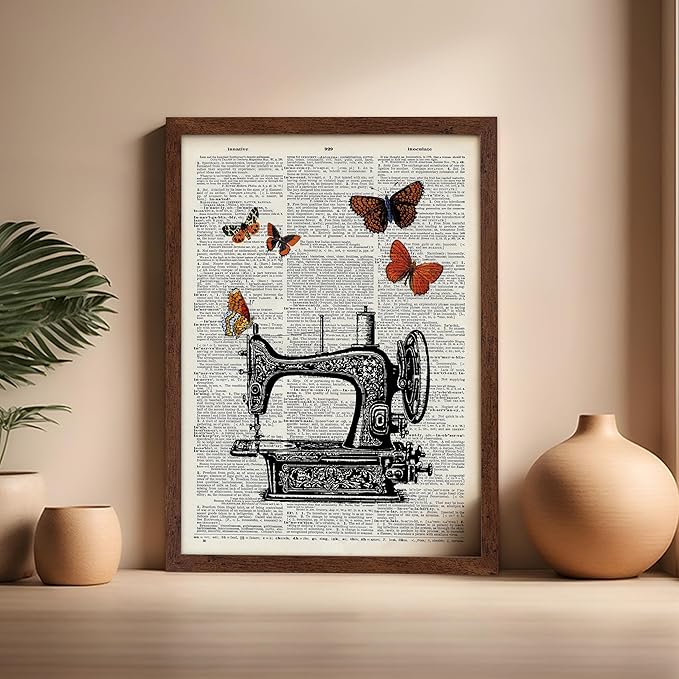 Poster Master Dictionary Art Poster - Sewing Machine Print - Sewing Art - Butterfly Art - Gift for Men, Women & Dressmaker - Chic Decor for Living Room, Bedroom or Office, 16x20 Brown Framed