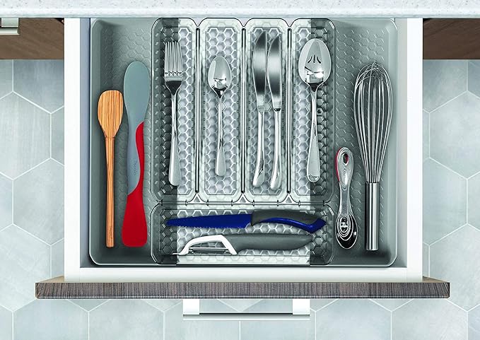 Spectrum Diversified Hexa Expandable Divided Drawer Organizer Tray Modern Kitchen Cutlery, Utensil, Silverware Holder, Cabinet Storage, 10 x 16, Clear Frost/Stone Gray
