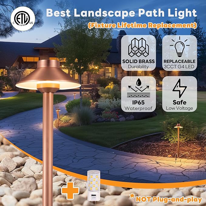 Low Voltage Landscape Lighting Brass, 2700K/3000K/4000K Adjustable 12v Pathway Lights Waterproof, Copper Path Light for Exterior Area Patio House with 3W 270LM G4 Bulb (6 Pack)