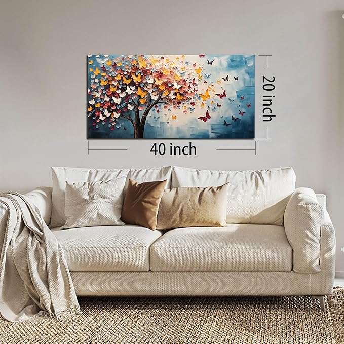 Butterfly Tree Canvas Wall Art for Living Room Bedroom Home Office Blue Colorful Tree of Life Wall Art Modern Large Framed Canvas Prints Size 20x40