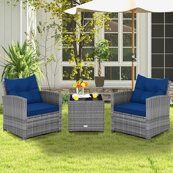 Tangkula 3 Pieces Patio Furniture Set, Outdoor PE Rattan Conversation Chair Set with Tempered Glass Side Table and Removable Cushions, PE Wicker Chairs and Table Set for Porch, Balcony and Garden
