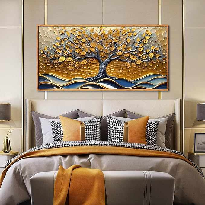Tree Wall Art for Living Room, Gold Canvas Wall Decor for Bedroom, Picture Print Artwork, Large Size 59 x 29 Inches Framed