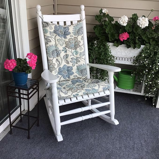 Barnett Home Decor Porch Rocker Cushions Set, Foam Filled Latex Chair Cushion & Backrest Pad Set, Made in USA, Small Size 23 x 19 Inches Outdoor Rocker Cushion, Blue Floral, Blue/White