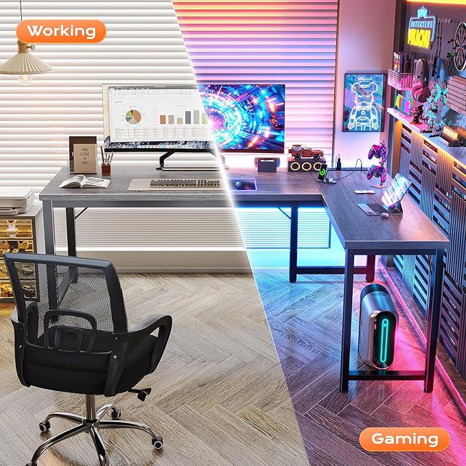 Huuger 63 Inch L Shaped Desk with Power Outlets and USB-C Port, Reversible Computer Desk, Larger Office Corner Gaming Desk, 0.95 Inch Thicker Desktop, Metal Frame, for Home Office, Study, Grey