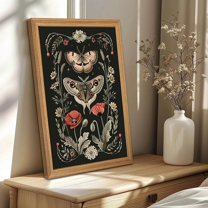 Vintage Framed Wall Art - 3D Textured Classical Style Moth Pictures Wall Decor - Hand Drawn Flowers Nature Art Painting for Living Room Bedroom Home Decor 24x36in