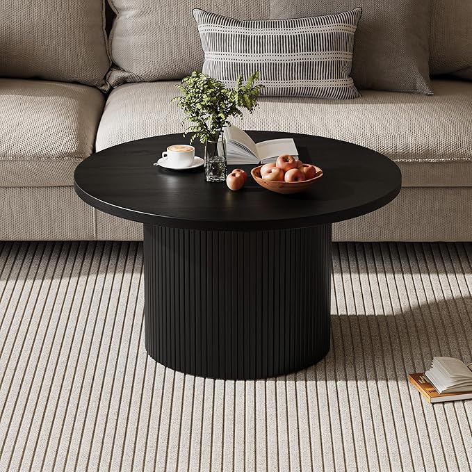 Black Round Coffee Table with Metal Frame, 35" Coffee Tables for Living Room, Circle Wood Accent Center Table for Apartment