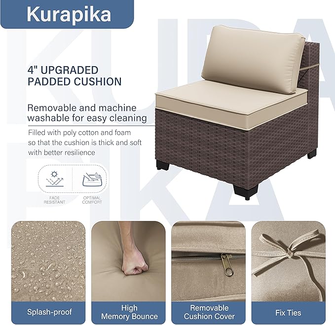 Kurapika 7 Pieces Patio Furniture Set, Rattan Wicker Outdoor Conversation Sets w/4 Inch Cushion and Glass Coffee Table(Sand)