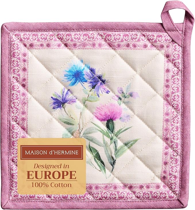 Maison d' Hermine Pot Holders 100% Cotton Heat Resistant Potholders 8" x 8" Hot Pads with Loop BBQ, Cooking, Baking, Grilling, Kitchen, Handling Hot Pans Spring/Summer (Pack of 1, Chardon)