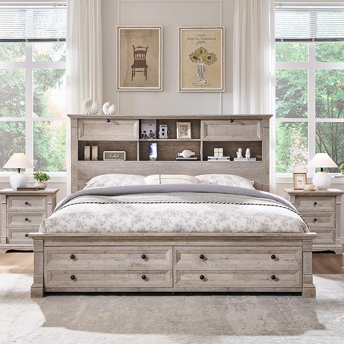 Farmhouse Queen Size Bed Frame with 54" Tall Storage Bookcase Headboard, 18" Roman Column Decoration Footboard,2 Drawer & 4 Storage Rack,Wood Platform Bed Frame, No Box Spring Needed(Light Rustic Oak)