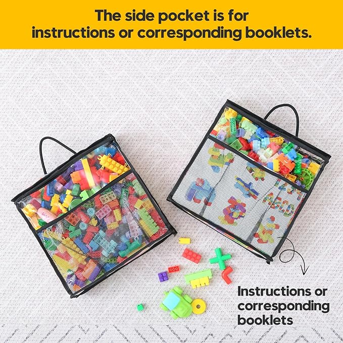 10 PCS Clear Zippered Toy Storage Bags with handle, Kids Toy Storage Organizer with Mesh Pocket for Instructions, Playroom Toy Organizer Plastic Storage Bags for Blocks Set Puzzles,Small Toys