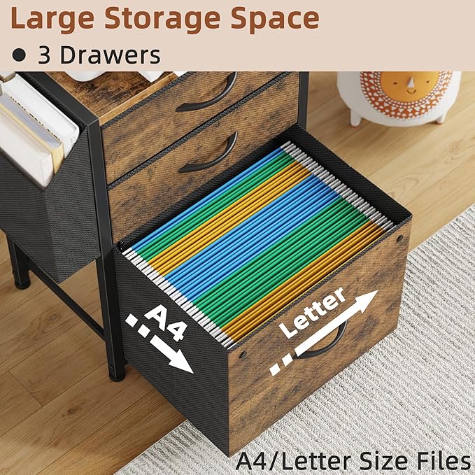 Small 3 Drawer File Cabinet with Charging Station, 3-Tier Tall Filing Cabinet for Home Office, 11''*16'' for Small Printer, Fabric Drawer Fits Letter/A4, Printer Stand 45''H, Rustic Brown