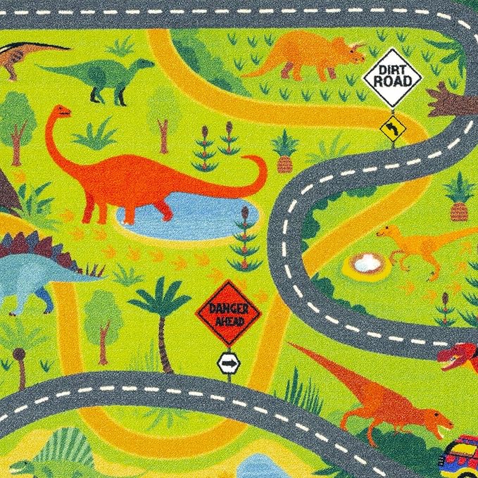 KC Cubs 3x5 Dinosaur Toy Car Dino Road Rug – Educational Play Mat Carpet for Kids, Toddlers, Nursery, Classroom, Playroom, Baby Daycare, Boys & Girls