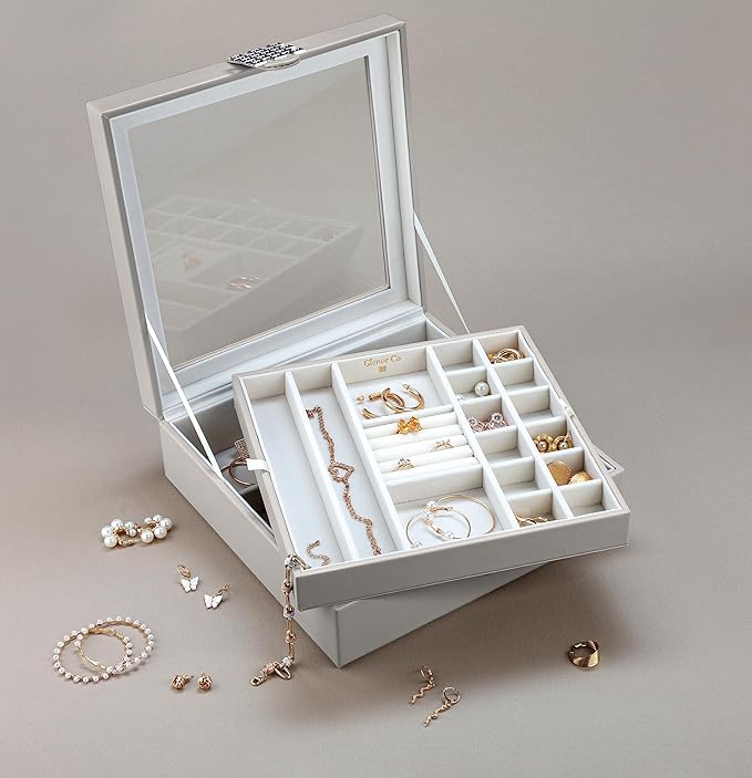 Co 28 Section Jewelry Box - 2 Layer - Buckle Snap & Magnet Closure - Large Glass Top - Leather Design - Grey - Jewelry Organizer for Women & Girls - for Earring Ring Necklace & Bracelet