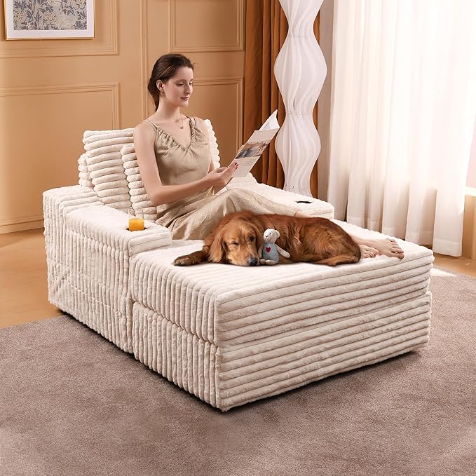 Garvee Oversized Chaise Lounge Chair Indoor with Storage Ottoman, Upholstered Corduroy Sofa Bed Cloud Couch with 3 Pillows, Single Sleeper Sofa Chair for Living Room, Bedroom