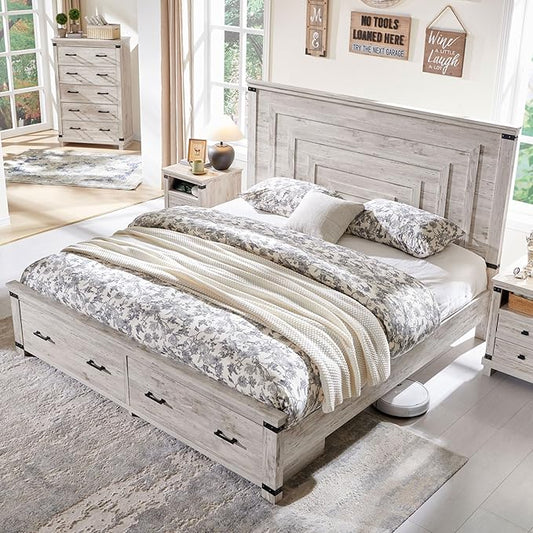 T4TREAM Farmhouse King Size Bed Frame with 54" Tall Geometric Headboard & 2 Large Storage Drawers, Rustic Wood Platform Bed with Wood Slats Support, No Box Spring Needed, Antique Brushed White