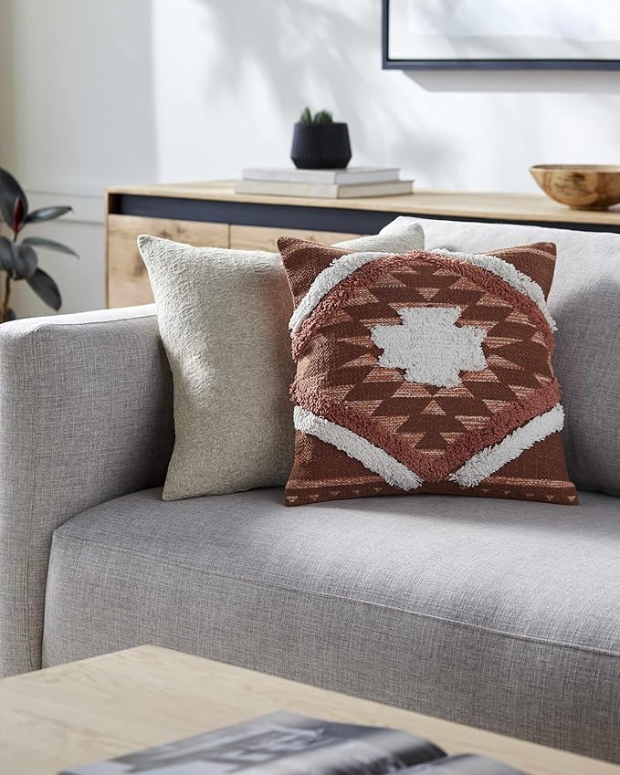 Hauteloom Shepardsville Decorative Throw Pillow Cover with Down Goose Feather Insert - Sofa Couch Cushion Pillow - Boho Farmhouse Lumbar Pillow - Cover%100 Cotton - Orange, Beige - 22" x 22"