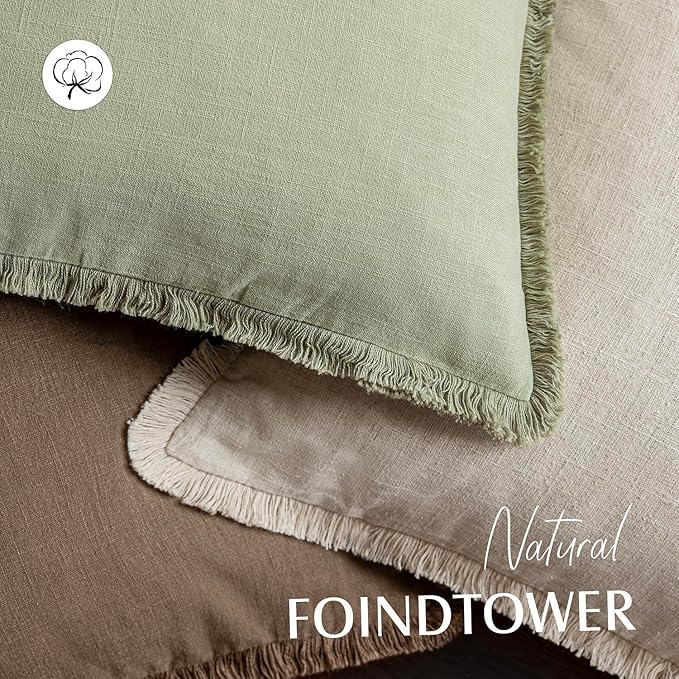 Foindtower Set of 2 Decorative Linen Fringe Throw Pillow Covers Cozy Boho Farmhouse Cushion Cover with Tassels Accent Pillowcase for Couch Sofa Bed Living Room Home Decor,26×26 Inch,Light Sage Green