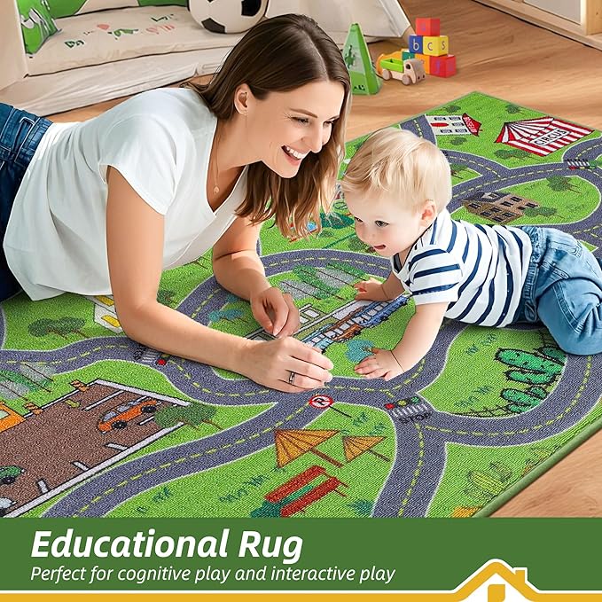 BEQHAUSE Kids Play Mat, Green City Map Race Track Children Rugs Great for Playing with Cars, 32”x60” Play Area Rug Road Rugs for Kids Bedroom, Toddler Classroom and Baby Playroom