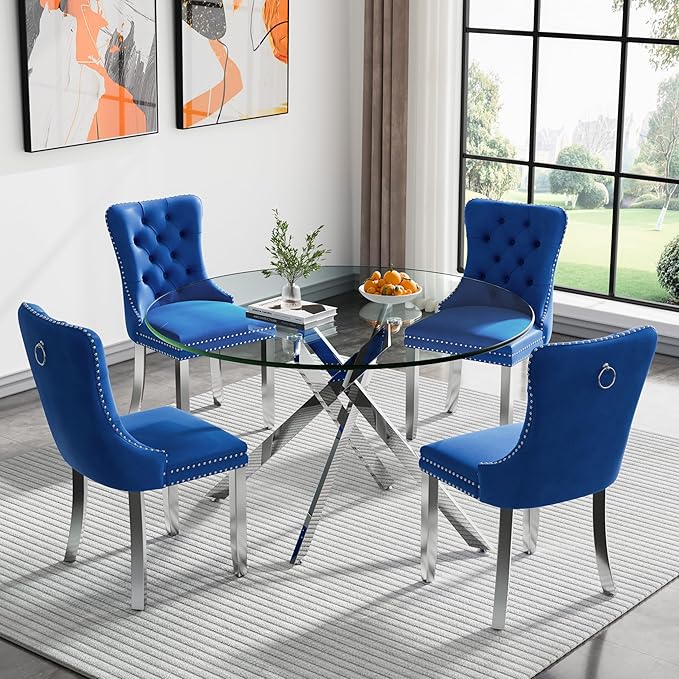 Goujxcy Round Dining Table Set for 4, Modern Glass Kitchen Table and Chairs Set of 4, 5-Piece Dining Room Table Set w/47 Circle Silver Glass Dining Table and 4 Upholstered Velvet Chairs