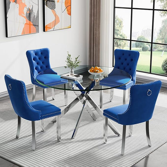Goujxcy 5 Piece Round Glass Dining Table Set for 4, 47" Round Dining Table & Chair Set Modern Circle Glass Kitchen Table and 4 Velvet Upholstered Chairs for Kitchen Dining (Silver Table & Blue Chair)