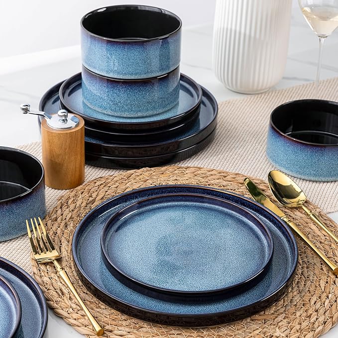 LERATIO Ceramic Dinnerware Sets for 4,Round Reactive Glaze Ceramic Plates and Bowls Set,Highly Chip and Crack Resistant | Dishwasher & Microwave Safe Dishes Set,Service for 4 (12pc)-Blue