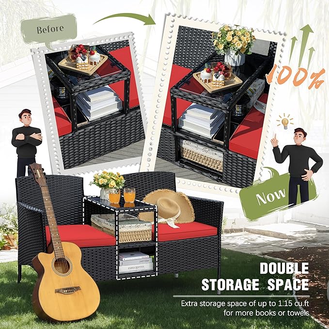 Greesum Patio Loveseat Outdoor Wicker Furniture Conversation Set with Soft Cushions & Built-in Coffee Table for Lawn Garden Backyard, Red