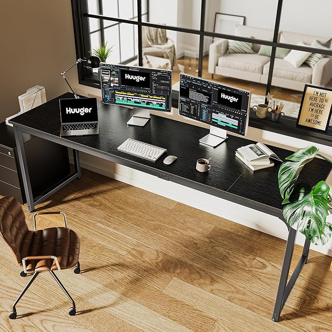Huuger Computer Desk, 80 Inch Office Desk, Gaming Desk with Storage, Writing Desk Work Desk for Home Office, Study, Long Simple Desk, Large Legroom, Metal Frame, Black
