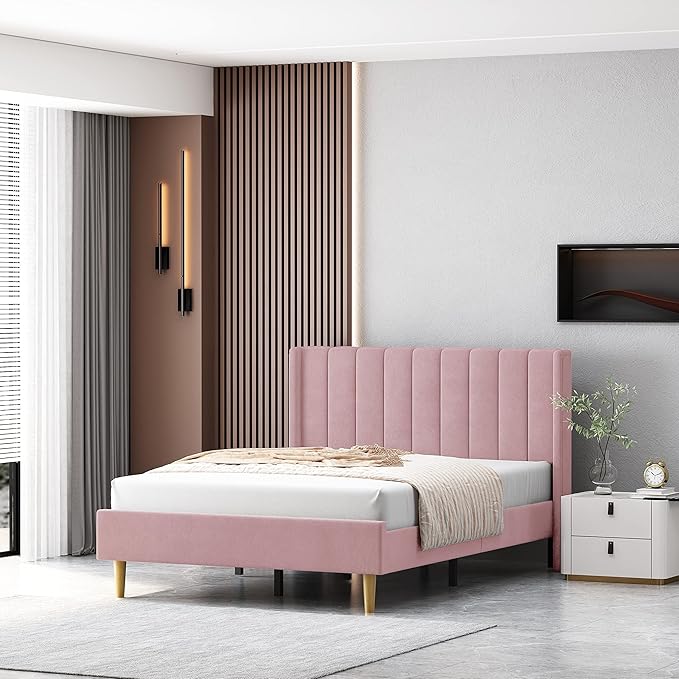 Full Size Upholstered Platform Bed Frame with Modern Wingback & Vertical Panel Headboard, Velvet Fabric, Wooden Legs & Slats Support, No Box Spring Needed, Noise-Free & Easy Assembly, Pink