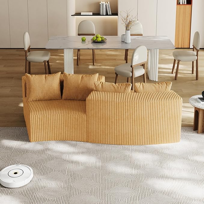 KEIKI Corduroy Curved Sectional Sofa, 2 Seater Symmetrical Modular Semi Circular Couch, Deep Seat Tufted Corner Sofa for Living Room, Lobby, Yellow