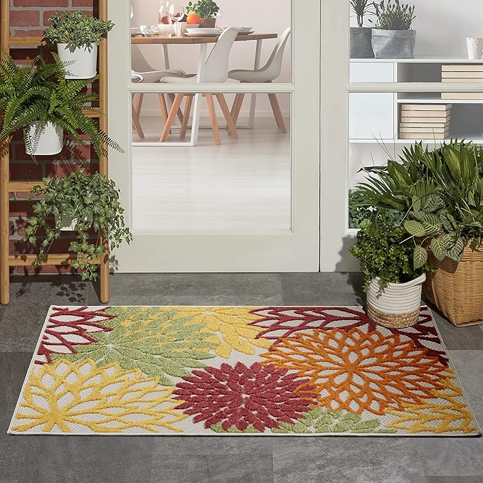 Nourison Home Aloha Indoor/Outdoor Floral Red Multi Colored 2'8" x 4' Area Rug, (3' x 4')
